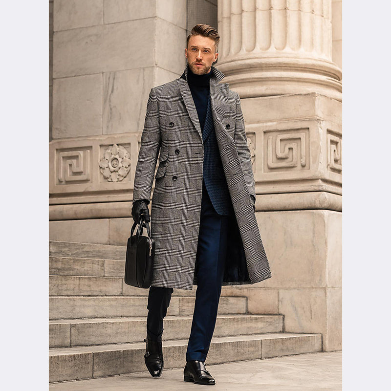 Full Wool Suit Collar Medium Length Double Breasted Checked Overcoat Limorista