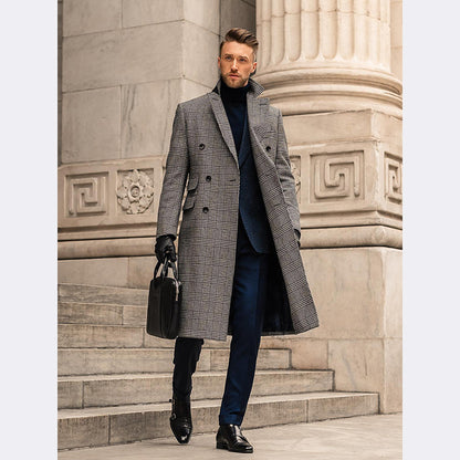 Full Wool Suit Collar Medium Length Double Breasted Checked Overcoat Limorista