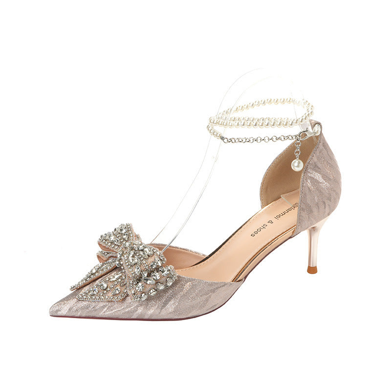 Rhinestone Bow Pointy Hollow Pearl Heels Limorista