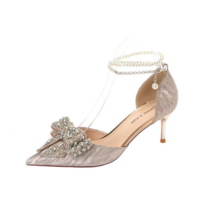 Rhinestone Bow Pointy Hollow Pearl Heels Limorista