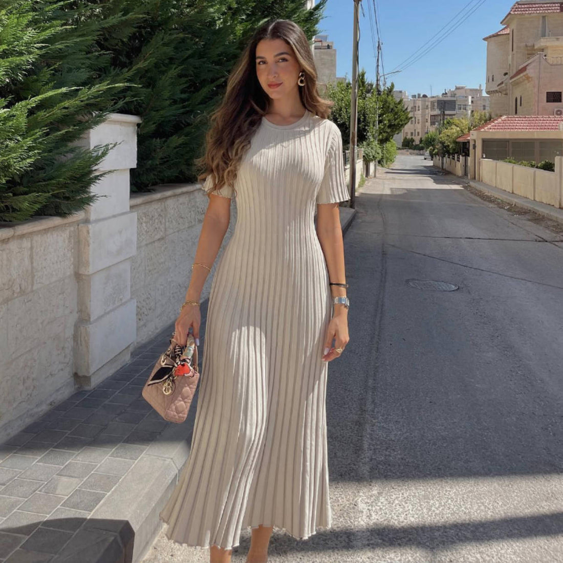 Knit Casual Tight Waist Round Neck Big Pit Stripe Slimming Knitted Long Dress Limorista