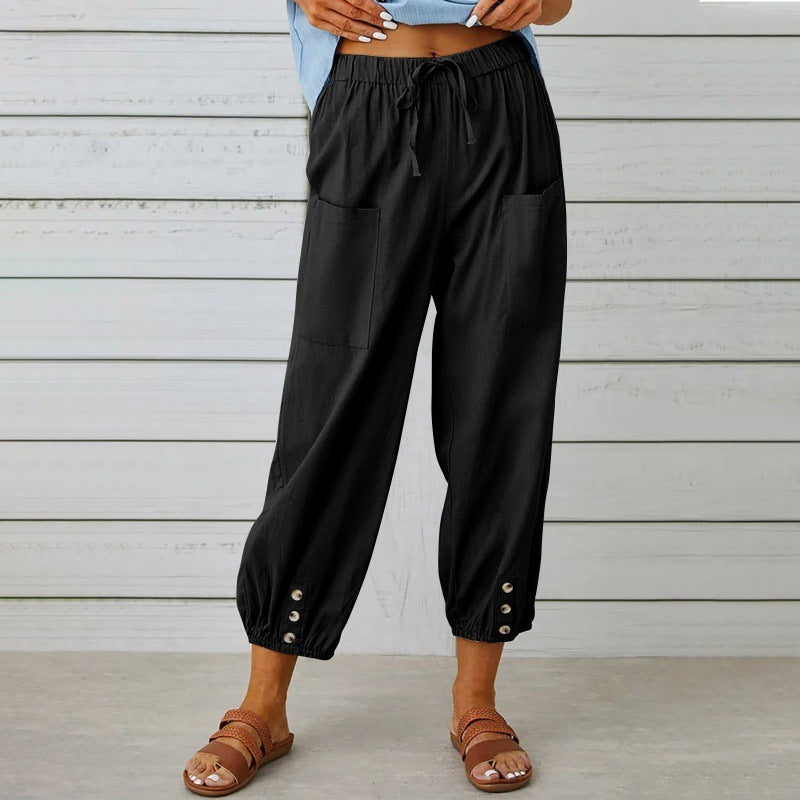 Loose High Waist Button Cotton And Linen Trousers Cropped Pants Wide Leg Women&