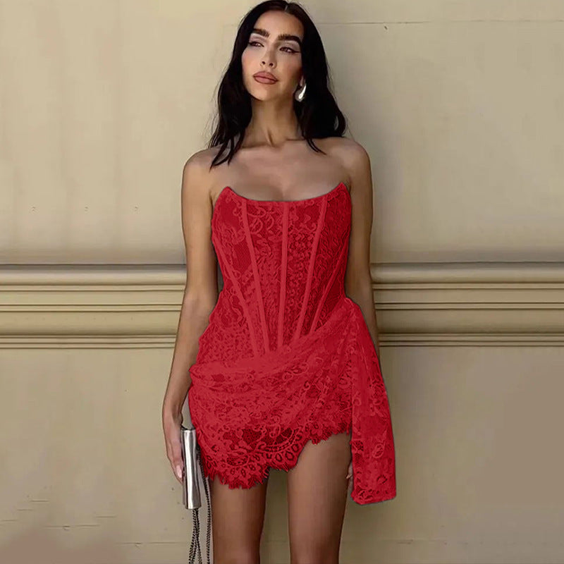 Strapless Lace Dress Party Women Fashion And Sexy Slim Skirt With Back Lace-up Design Limorista
