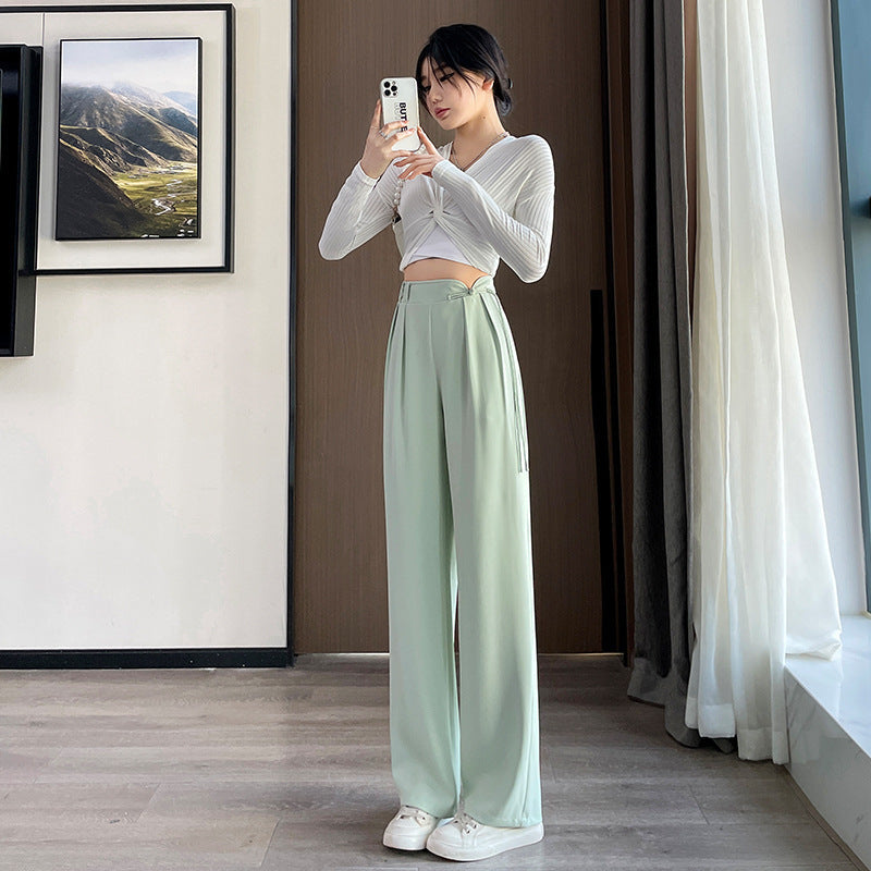 New Chinese Style Buckle High Waist Casual National Style Special-interest Design Elastic Waist Wide Leg Pants Limorista
