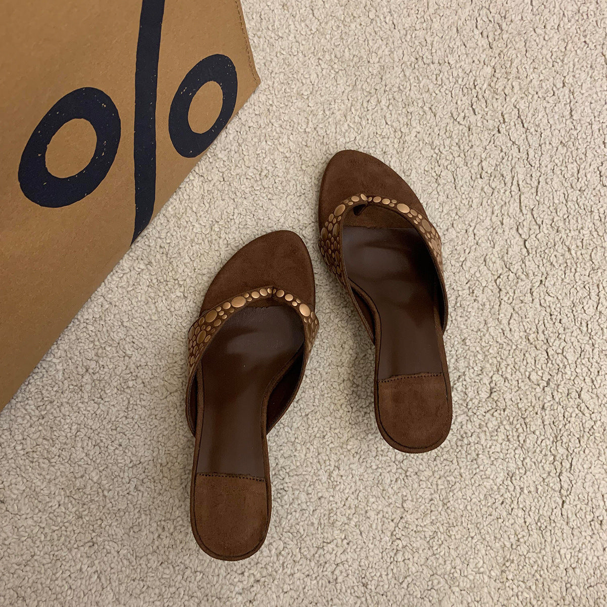 Retro Rivet Suede Stiletto Heel Flip-flops Women&