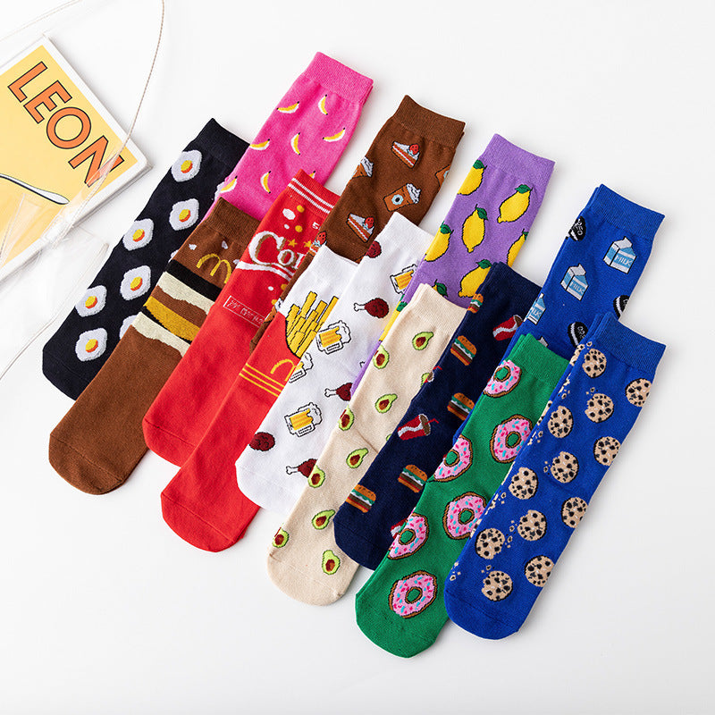 Avocado Chips Egg Fun Patchwork Color Medium Tube Cotton Socks Female Limorista