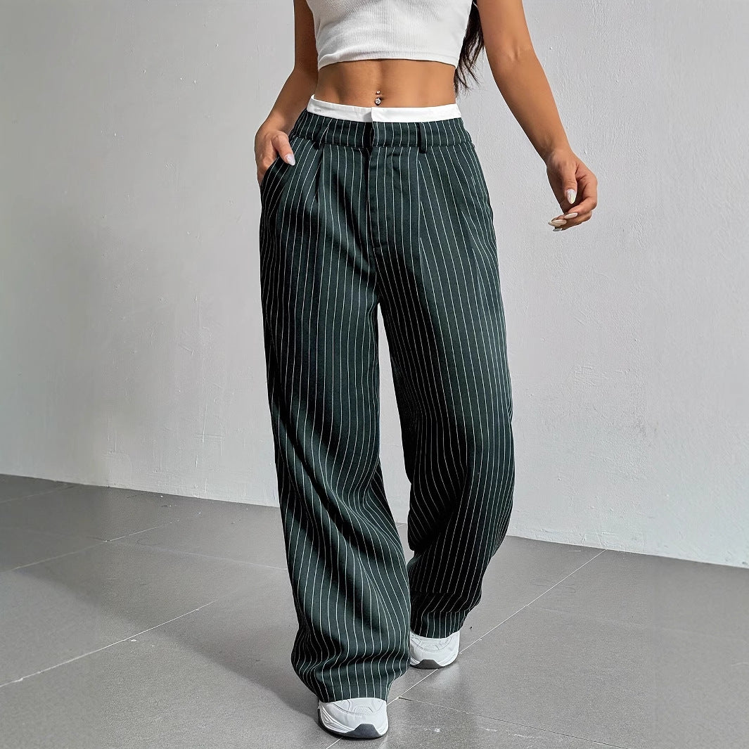 Stripe Printed Trousers Fashion High Waist Straight Leg Pants With Pocket Zipper Casual Suit Pants For Women Limorista