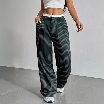 Stripe Printed Trousers Fashion High Waist Straight Leg Pants With Pocket Zipper Casual Suit Pants For Women Limorista