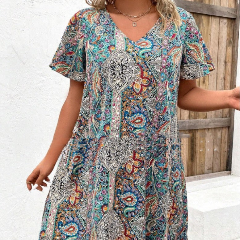 Printed V-neck Short Sleeve Dress Limorista