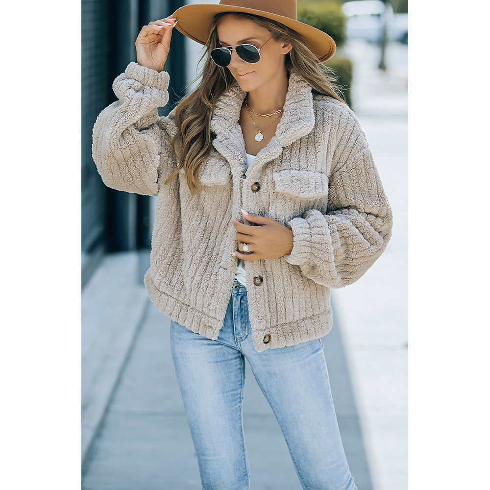 Winter New Khaki Plush Wool Fashion Thick Warm Long Sleeves Coat For Women Limorista