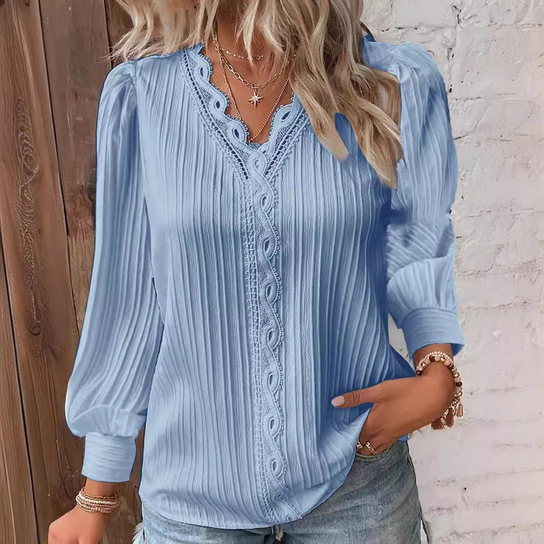 Long Sleeve V-neck Lace Patchwork Shirt Limorista