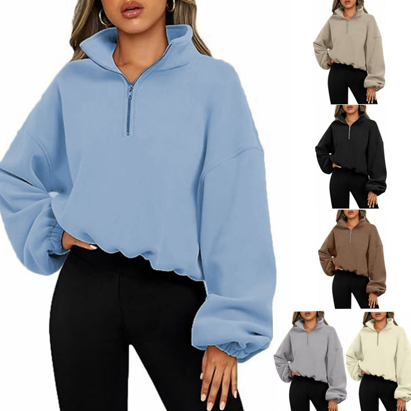 Loose Sport Pullover Hoodie Women Winter Solid Color Zipper Stand Collar Sweatshirt Thick Warm Clothing Limorista