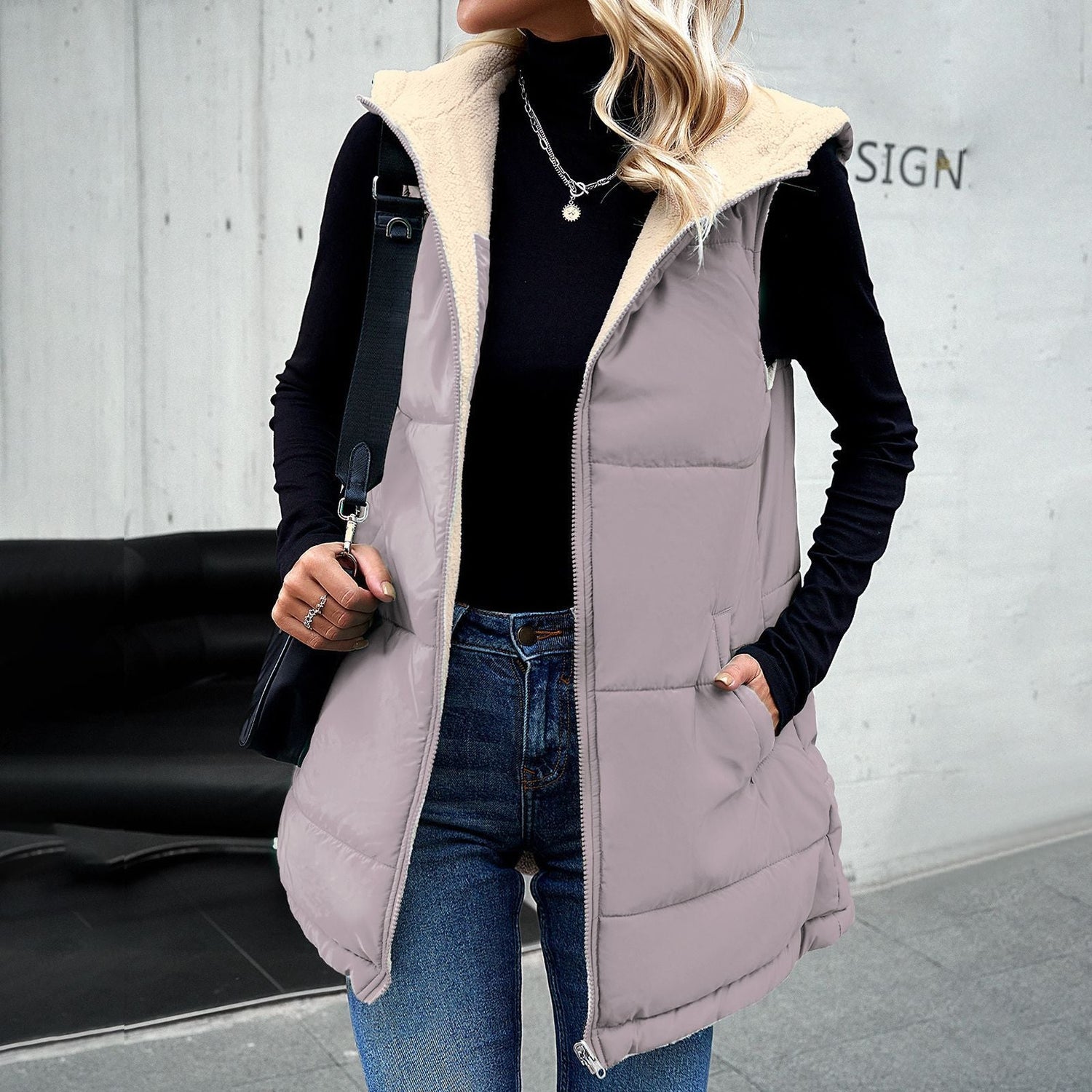 Winter Vest Women Loose Commuting Mid-length Hooded Cotton Jacket With Pockets Fashion Warm Zipper Fluffy Coat Outdoor Clothing Limorista