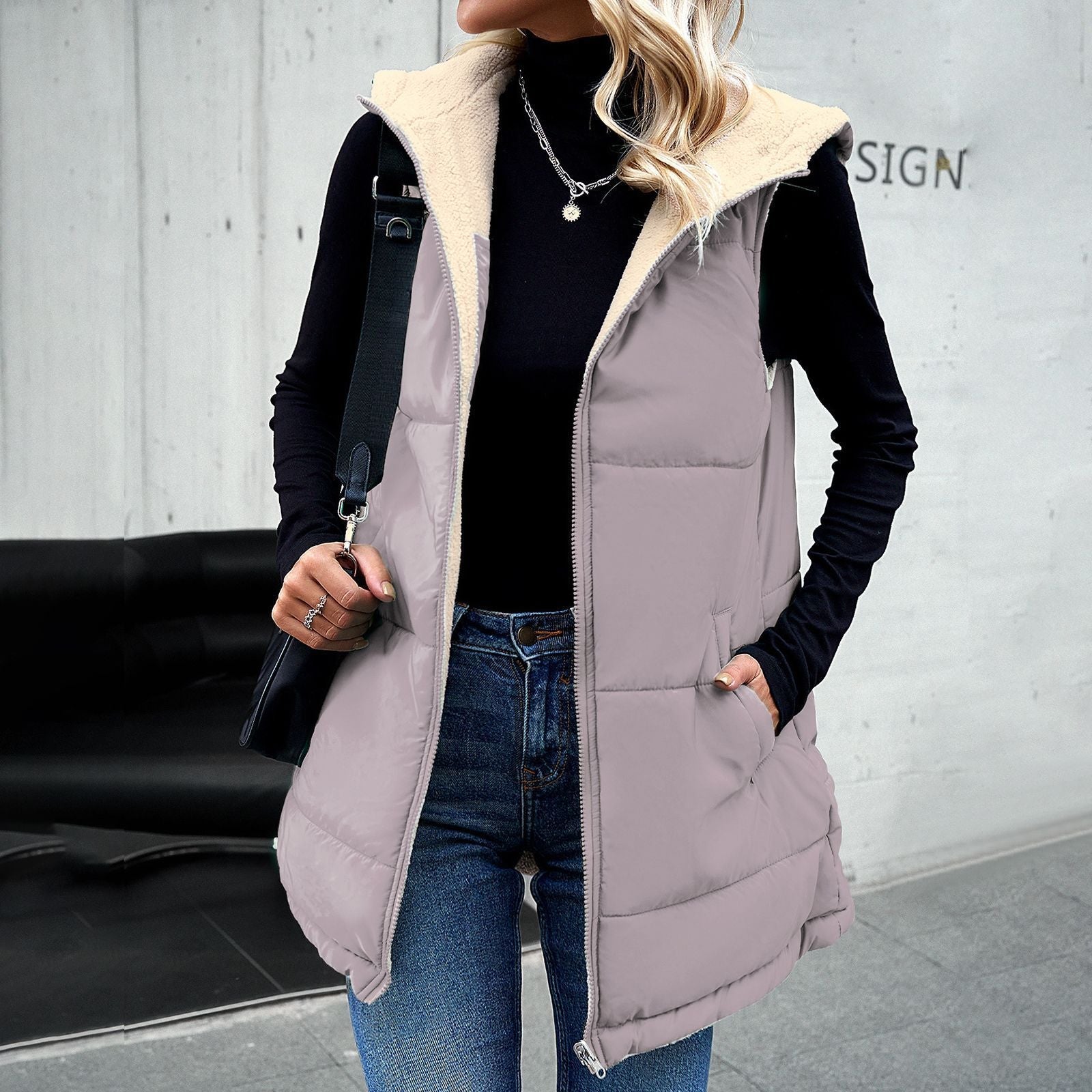 Winter Vest Women Loose Commuting Mid-length Hooded Cotton Jacket With Pockets Fashion Warm Zipper Fluffy Coat Outdoor Clothing Limorista