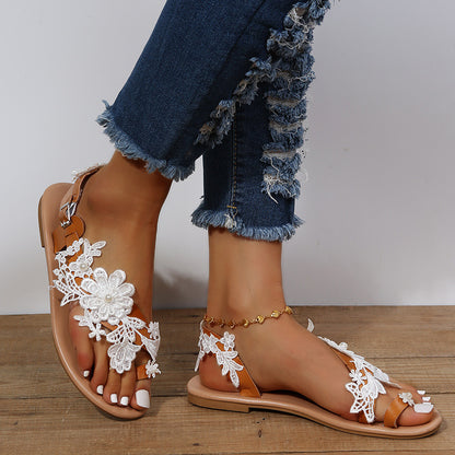 Lace Sandals Bohemia Beach Shoes Flowers Ankle Strap Flat Shoes Summer Limorista