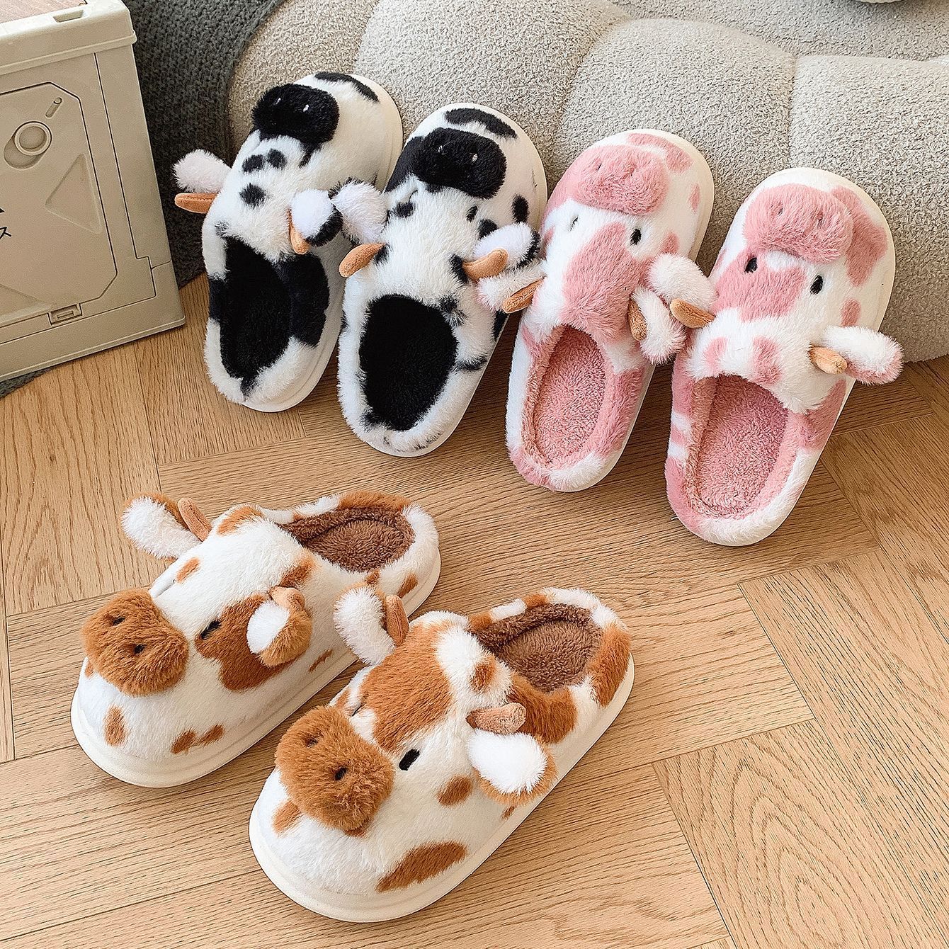 Cute Cartoon Cow Plush Slippers Winter Warm Indoor Bedroom Floor Fuzzy Slipper Couple Non-slip House Shoes Limorista