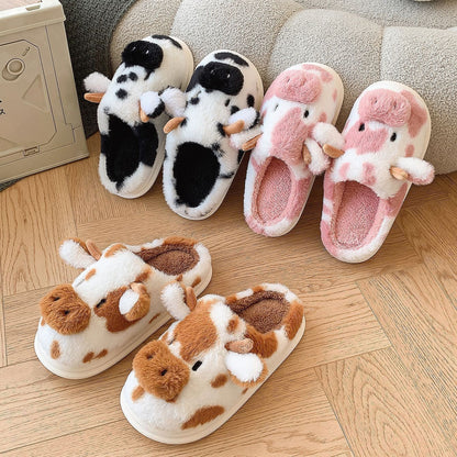 Cute Cartoon Cow Plush Slippers Winter Warm Indoor Bedroom Floor Fuzzy Slipper Couple Non-slip House Shoes Limorista