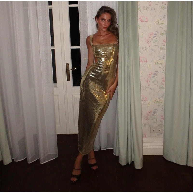 Sequin Sling Square Collar Backless Dress Dress Skirt Limorista