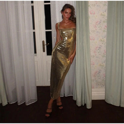 Sequin Sling Square Collar Backless Dress Dress Skirt Limorista
