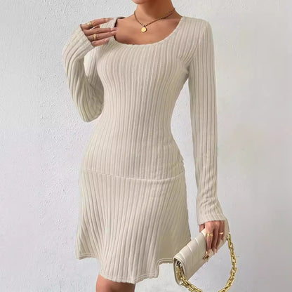 Fashion Solid Color Waist Tight Long Sleeve Dress Limorista