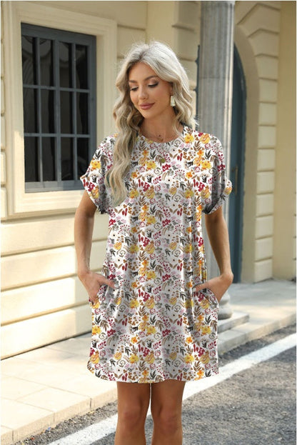 Loose Crew Neck Short Sleeve Printed Pocket Dress Limorista