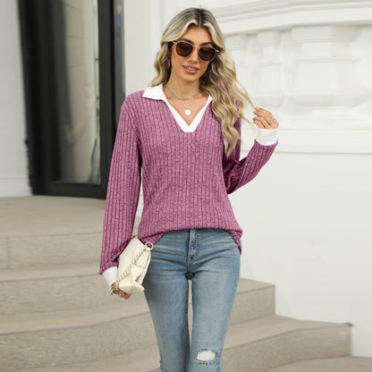 Lapel Long Sleeve Loose-fitting T-shirt Top Women Limorista