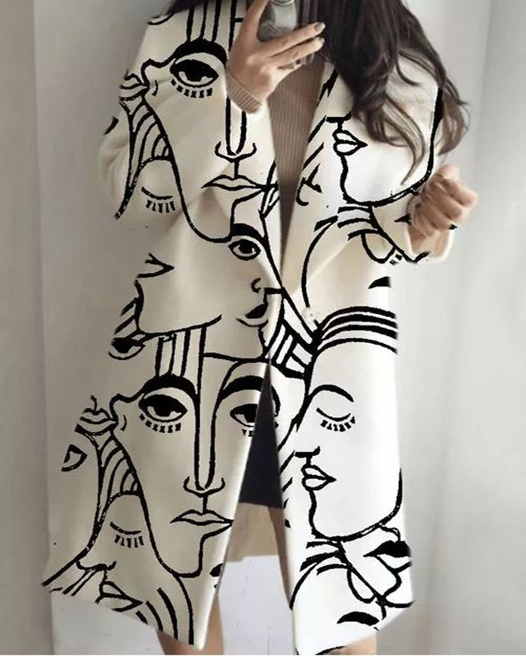 Turn-down Collar Coat Printed Woolen Long-cut Coat Limorista
