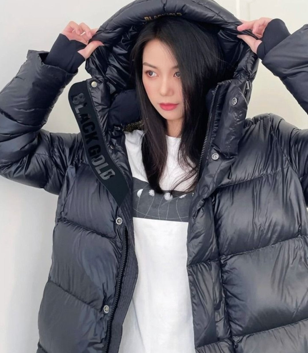 Black Gold White Goose Down Mid-length Elegant Hooded Windproof Overknee Thickened Warm Down Jacket Limorista