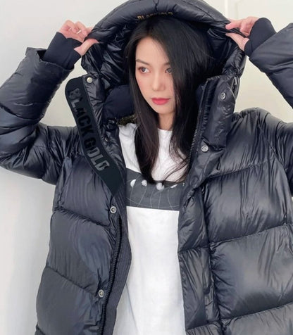 Black Gold White Goose Down Mid-length Elegant Hooded Windproof Overknee Thickened Warm Down Jacket Limorista