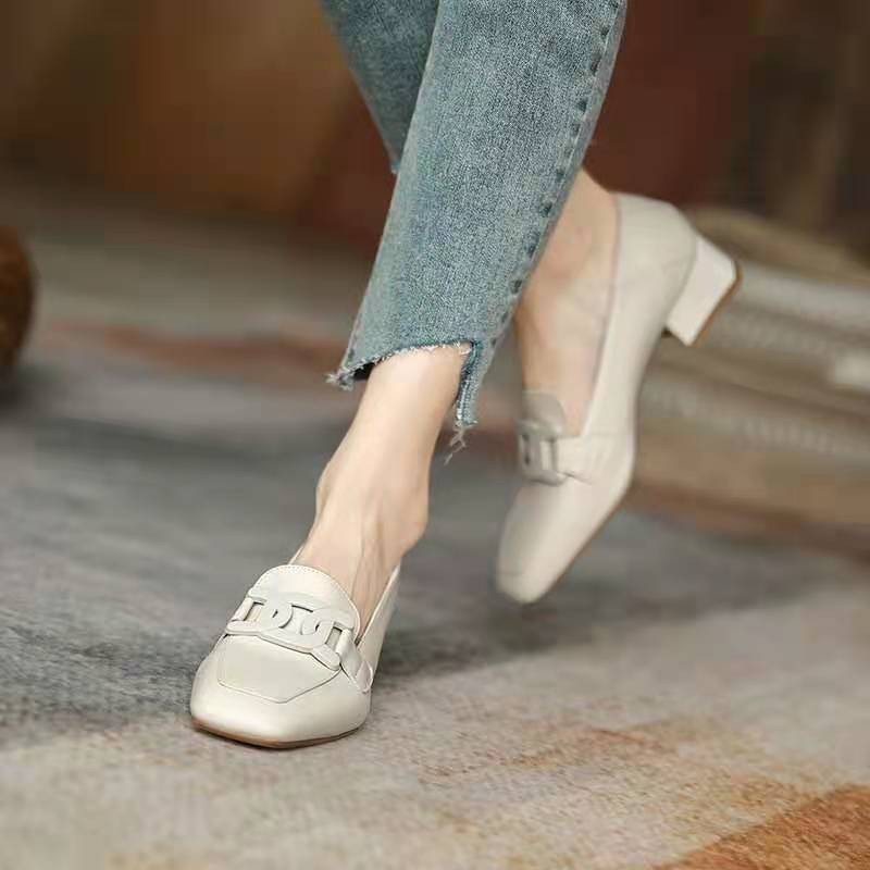 Slip-on British Metal Buckle Square Toe Leather Shoes Limorista