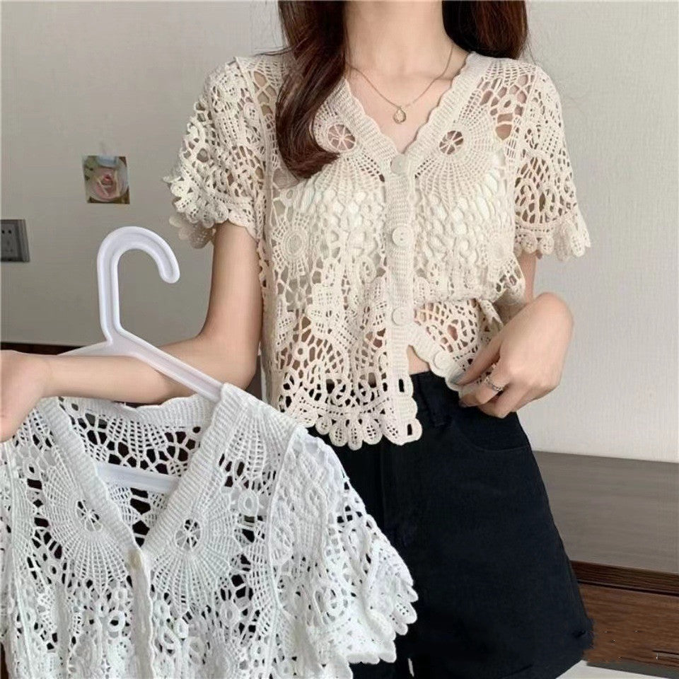 Limorista - Niche V-neck Hollow Crochet Lace Shirt For Women