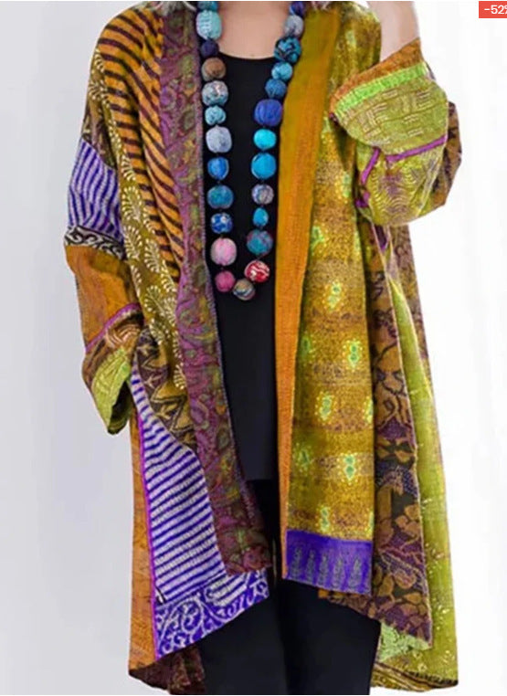 Cotton And Linen Loose Ethnic Style Plus Size Long Sleeve Printed Coat Limorista