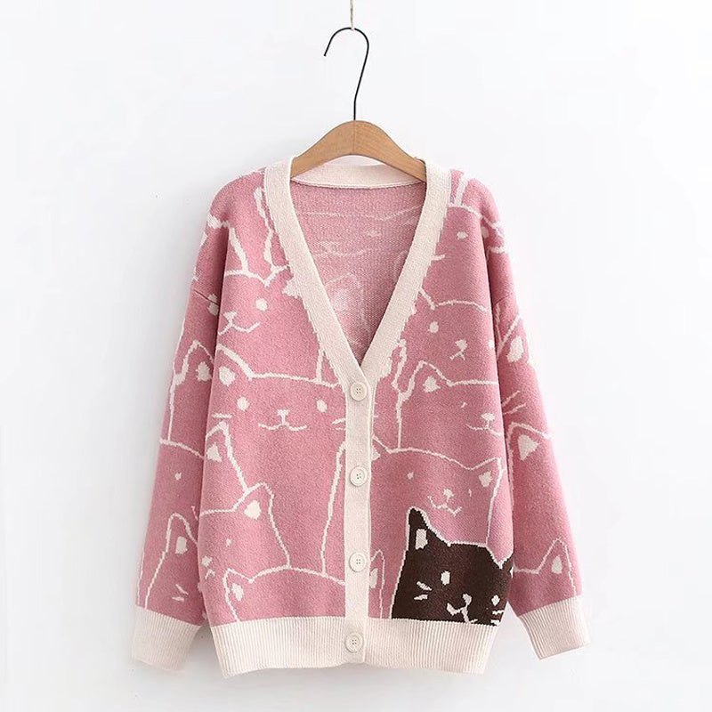 Sweet Outer Wear Knitted Jacquard Full-body Cartoon Cat Single-breasted Cardigan Sweater Limorista