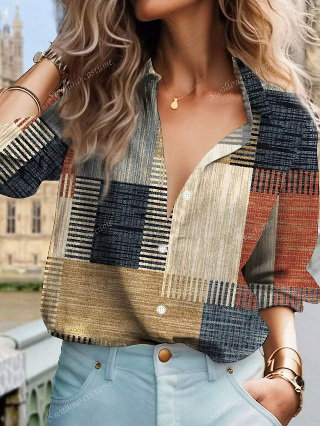 Color Block Button Print Long Sleeve Casual Retro Shirt Limorista