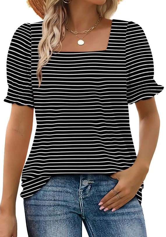 Spring And Summer New Fashion Simple U-neck Petal Sleeve Loose T-shirt Limorista