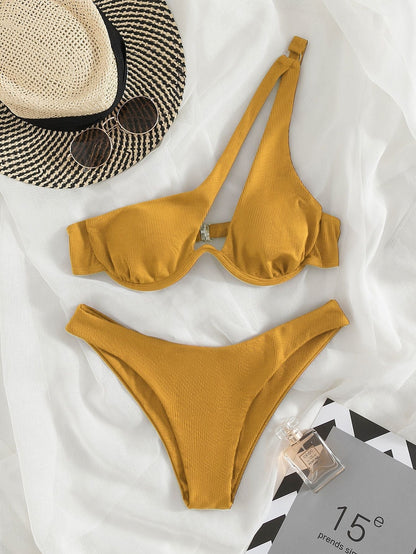 Ladies Split Swimsuit Solid Color One Shoulder Underwire Bikini Limorista