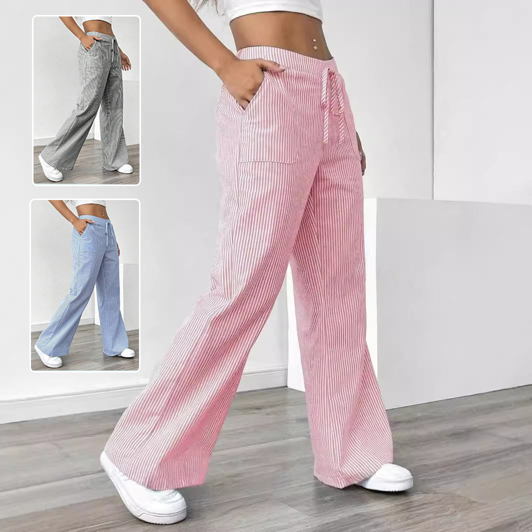 New Striped Trousers With Pockets Casual Versatile Loose Wide Leg Pants Women&