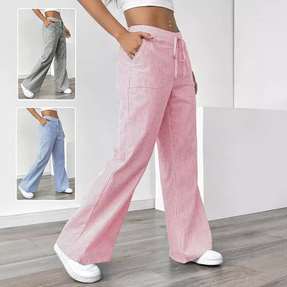 New Striped Trousers With Pockets Casual Versatile Loose Wide Leg Pants Women&