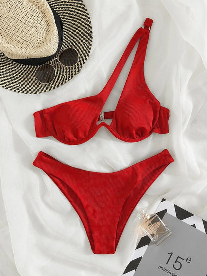 Ladies Split Swimsuit Solid Color One Shoulder Underwire Bikini Limorista
