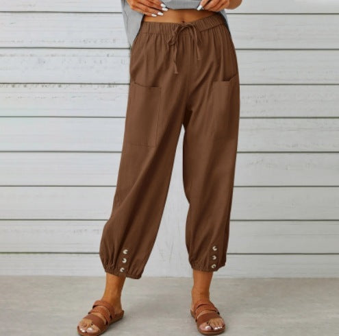 Loose High Waist Button Cotton And Linen Trousers Cropped Pants Wide Leg Women&