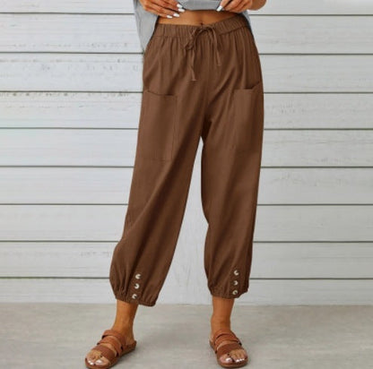 Loose High Waist Button Cotton And Linen Trousers Cropped Pants Wide Leg Women&