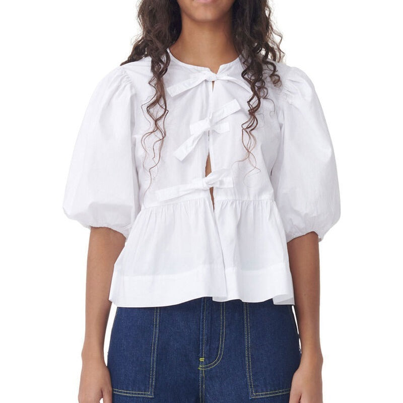 Fashion Printed Shirt Half Sleeve Lace-up Top Limorista