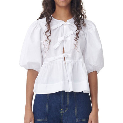 Fashion Printed Shirt Half Sleeve Lace-up Top Limorista