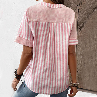 Summer V-neck Short-sleeved Shirt Blouse Fashion V-neck Asymmetric Stripes Patchwork Design Top Womens Clothing Limorista