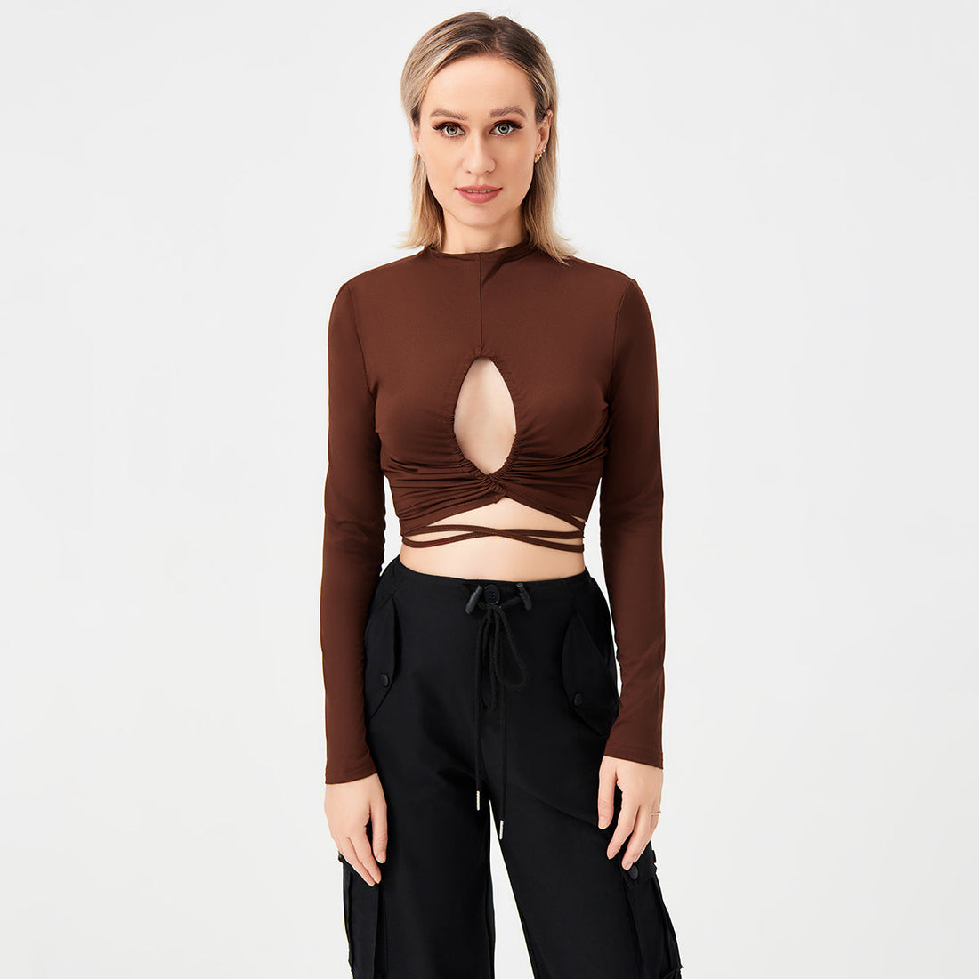 Long Sleeve Tie Cutout Sexy T-Shirt Women&