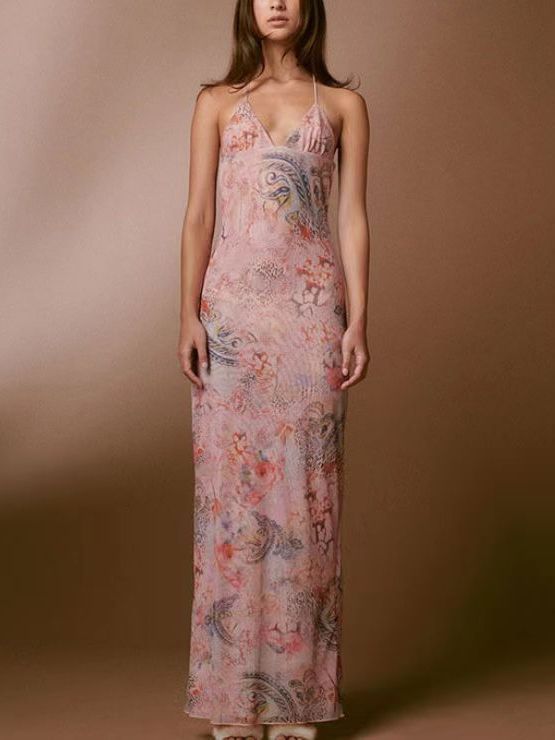 Floral Print Halter Spaghetti Straps Dress Sexy Slim Butterfly Back Dressess Spring Summer Womens Clothing Limorista