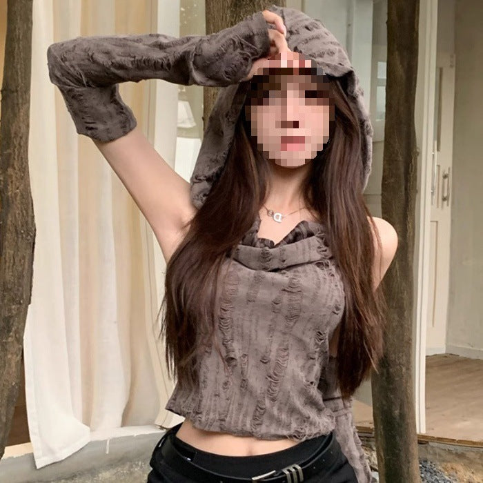 American Hot Girl Sleeveless Cold-shoulder Hooded Oversleeve T-shirt Limorista