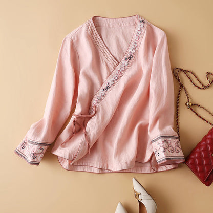 Cotton And Linen Long Sleeve T-shirt Women&