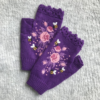 Embroidered Ladies Warm Gloves Bee Floral Knit Limorista