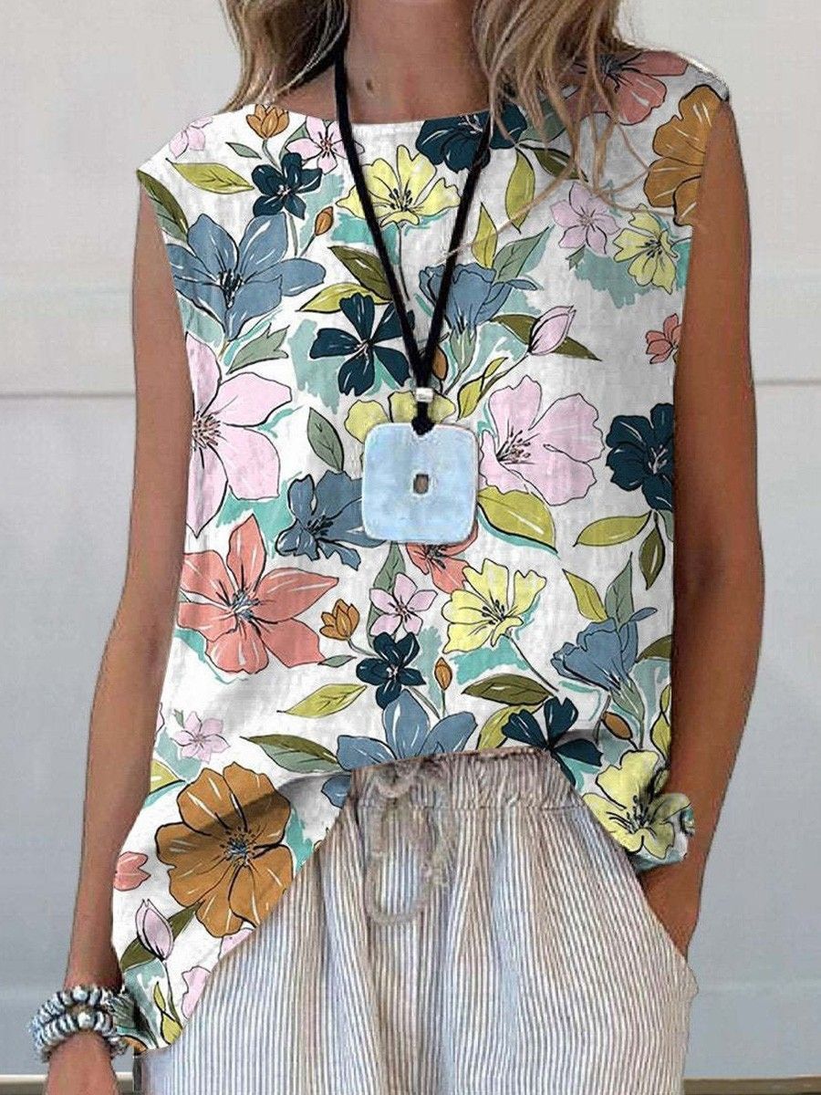European And American Floral Cotton Linen Vest Limorista